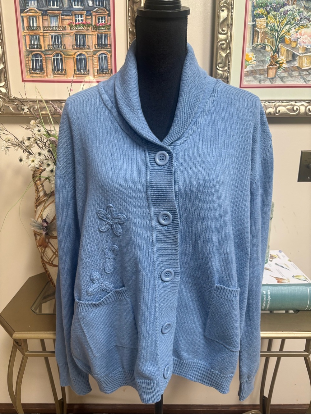 Light Blue Shawl Collar Button-Front Embroidered Floral Sweater Cardigan Size XL